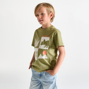 تيشيرت مزيّن برسمة ديناصور، بأكمام قصيرة باللون الكاكي للأولاد